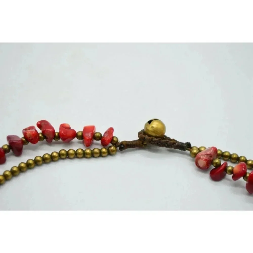 Child's Red Coral Brass Bead Beaded Choker Necklac